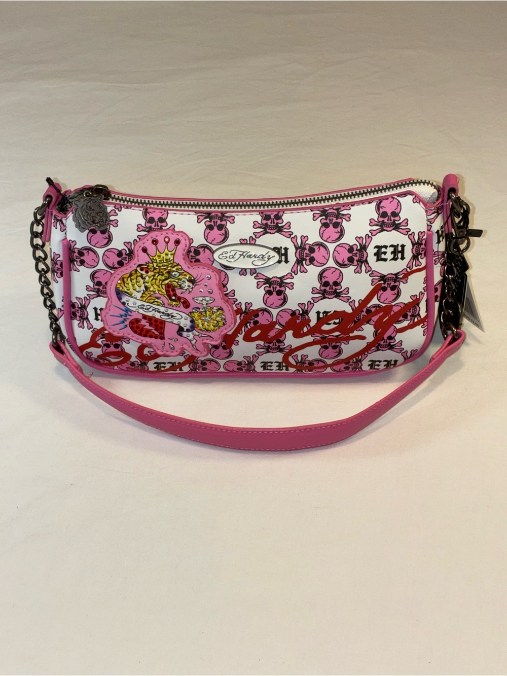Ed Hardy White & Pink Graphic Shoulder Bag with Red Script
